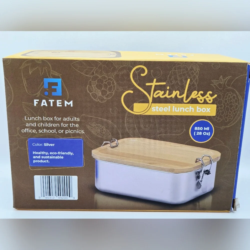 FATEM Stainless Steel Lunch Box with Bamboo Lid - Silver and Natural Wood - Picture 3 of 8